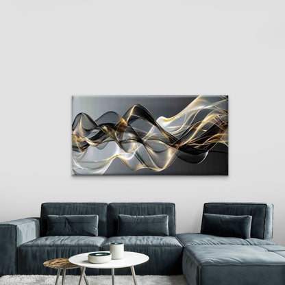 Golden Waves Flowing in Harmony Wall Art Canvas Office Home Room Framed 120x60cm - Bella Home Decor