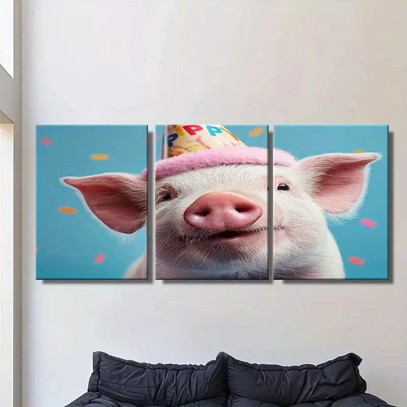 3pcs Adorable Happy Piglet With Birthday Hat Metal Print Ready to Hang Art - Bella Home Decor
