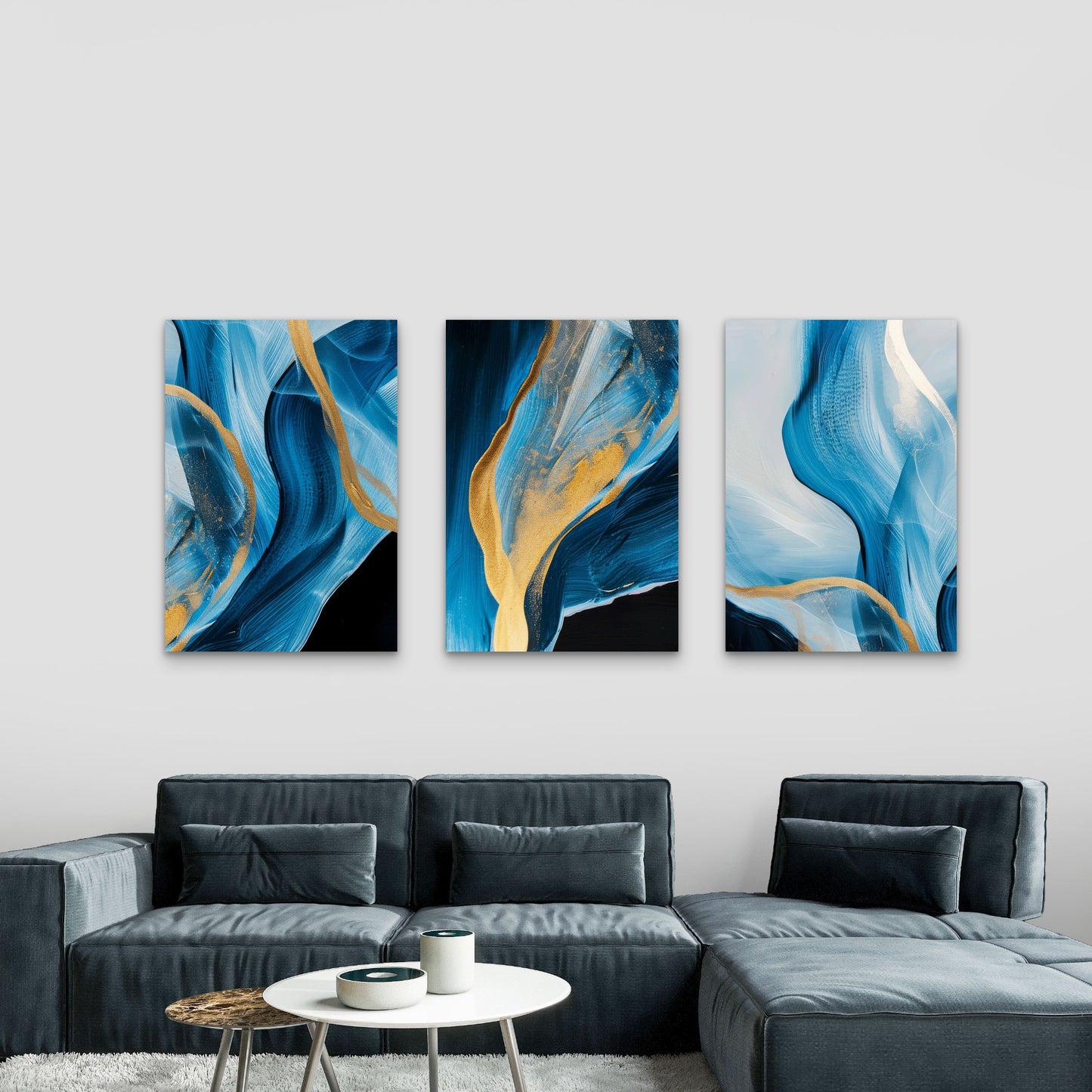 3pcs Abstract Ocean Fluid Blue Gold Ribbon   Wall Art Set Canvas Framed 60x90cm - High Quality Print 100% Australian Made Wall Canvas Ready to Hang