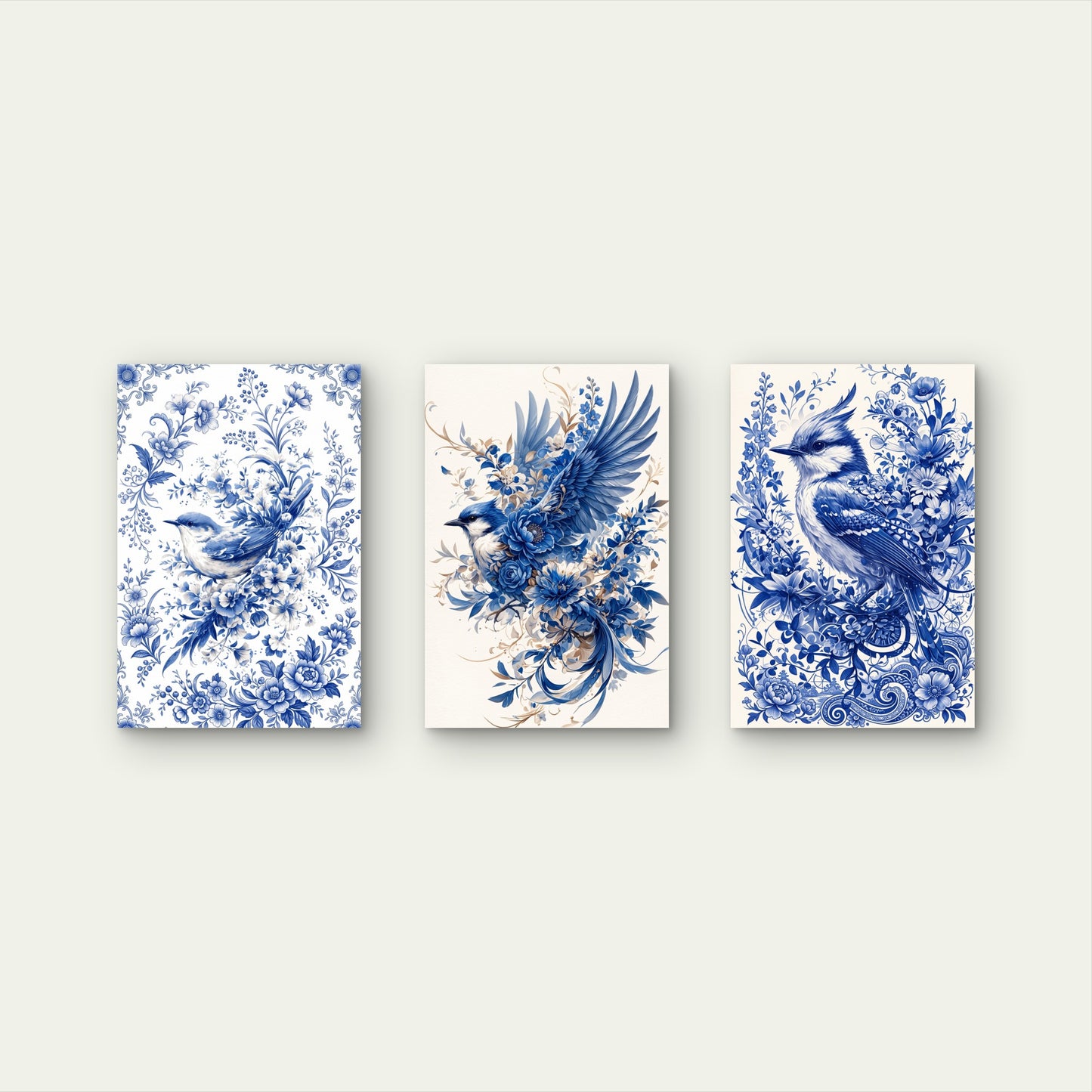 3pcs Porcelain Style Floral Bluebird Painting  Wall Art Set Canvas Framed 40x60cm - High Quality Print 100% Australian Made Wall Canvas Ready to Hang