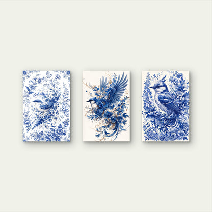 3pcs Porcelain Style Floral Bluebird Painting  Wall Art Set Canvas Framed 40x60cm - High Quality Print 100% Australian Made Wall Canvas Ready to Hang