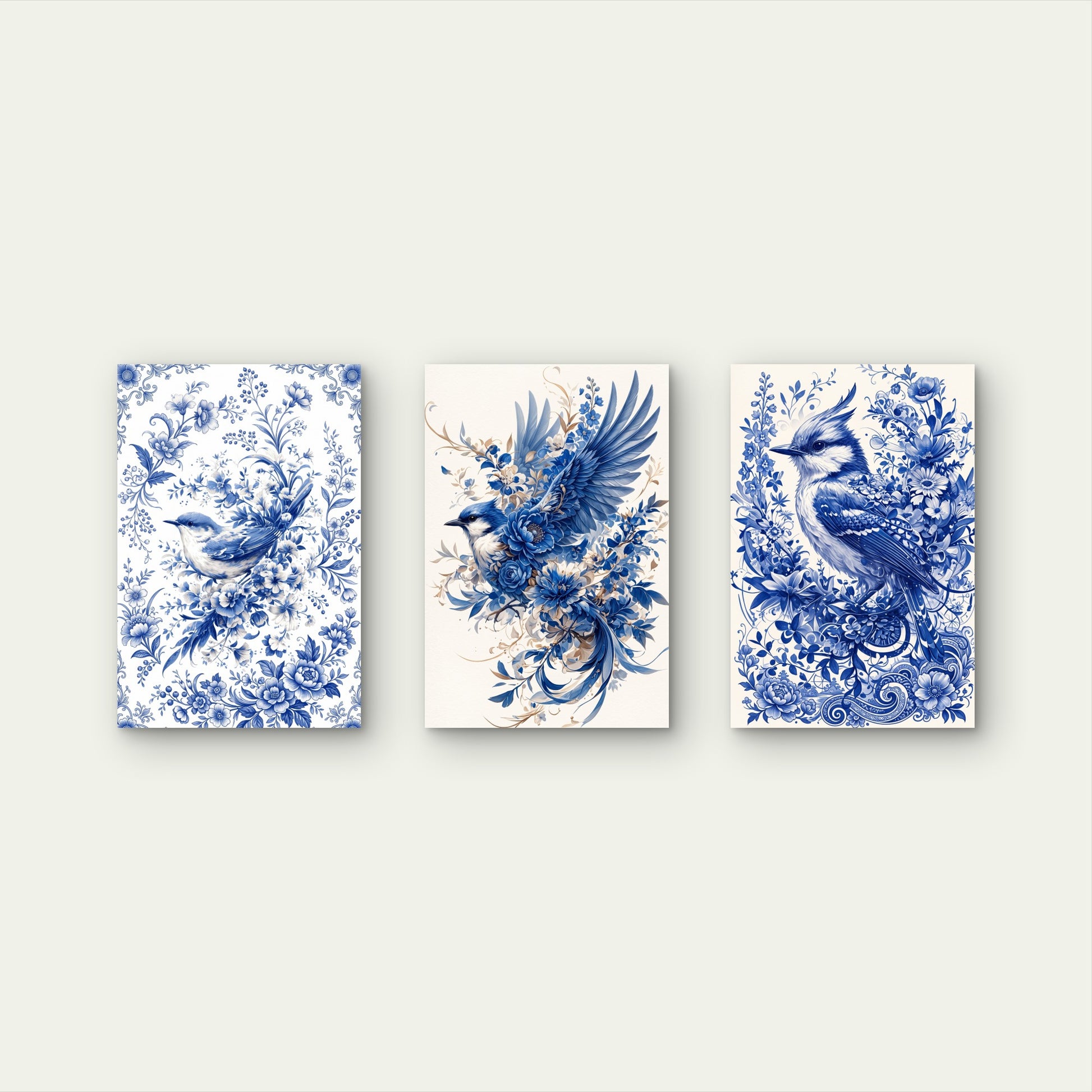 3pcs Porcelain Style Floral Bluebird Painting Wall Art Set Canvas Framed 60x90cm - High Quality Print 100% Australian Made Wall Canvas Ready to Hang