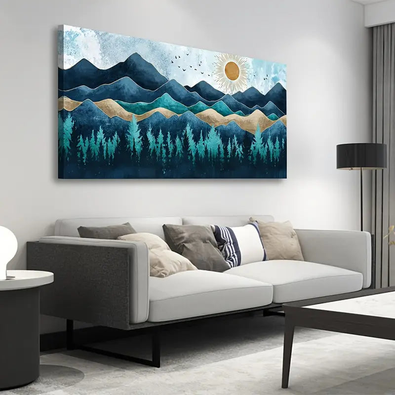 Blue Abstract Forest Mountain Rustic Vintage Nature Wall Art canvas office home room framed 120x60cm - Bella Home Decor