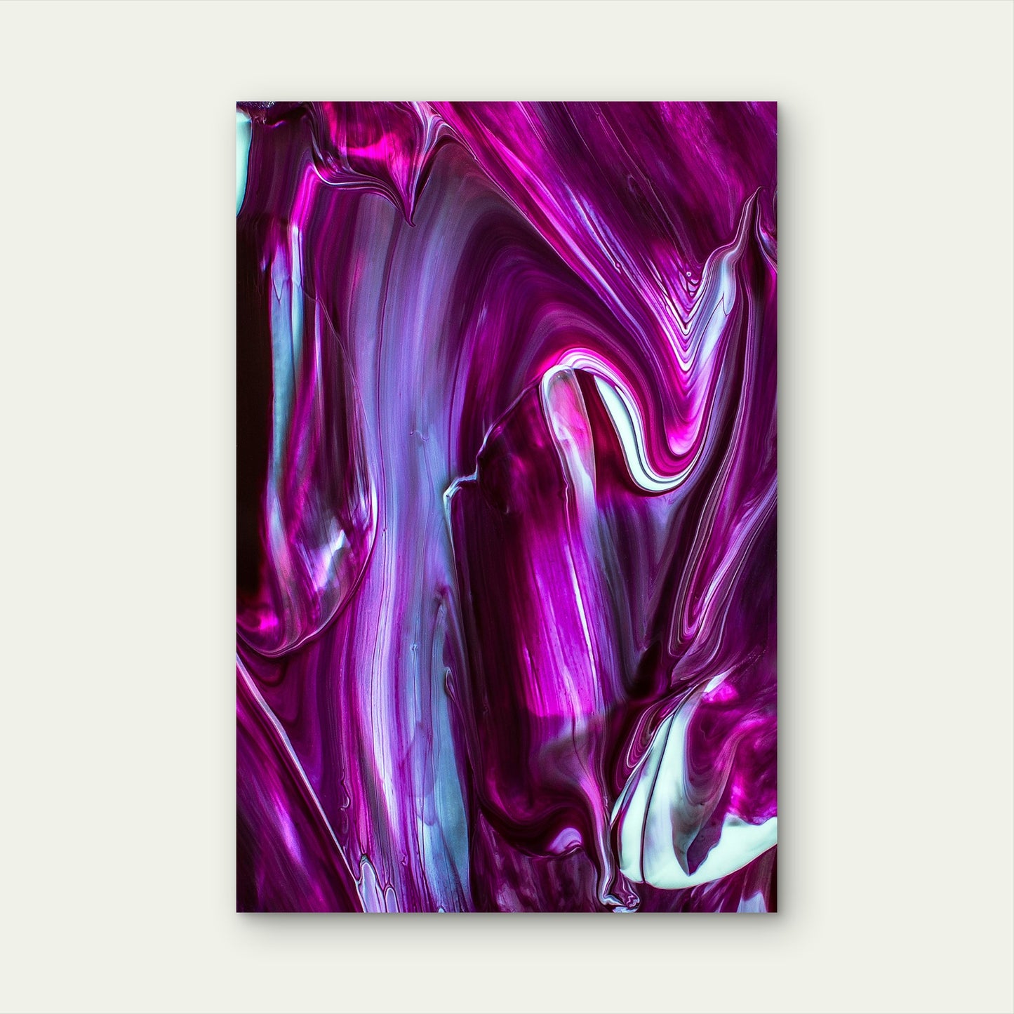 Close-Up of Purple, White, and Black Paint Swirls 40x60cm Metal Print Ready to Hang