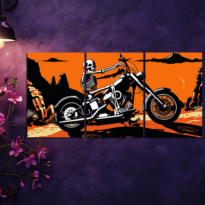 3pcs Skeleton on an Old Motorcycle Wall Art Set Canvas Framed 40x60cm - High Quality Print 100% Australian Made Wall Canvas Ready to Hang