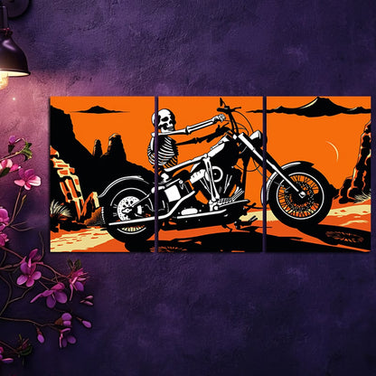 3pcs Skeleton on an Old Motorcycle Wall Art Set Canvas Framed 40x60cm - High Quality Print 100% Australian Made Wall Canvas Ready to Hang