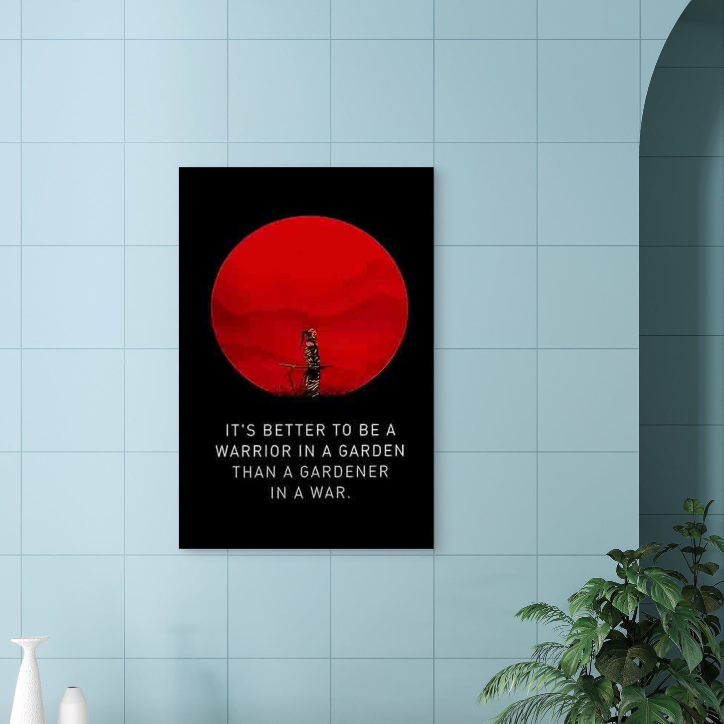 Japanese Samurai & Red Circle Mountain Bird 40x60cm Metal Print Ready to Hang - Bella Home Decor