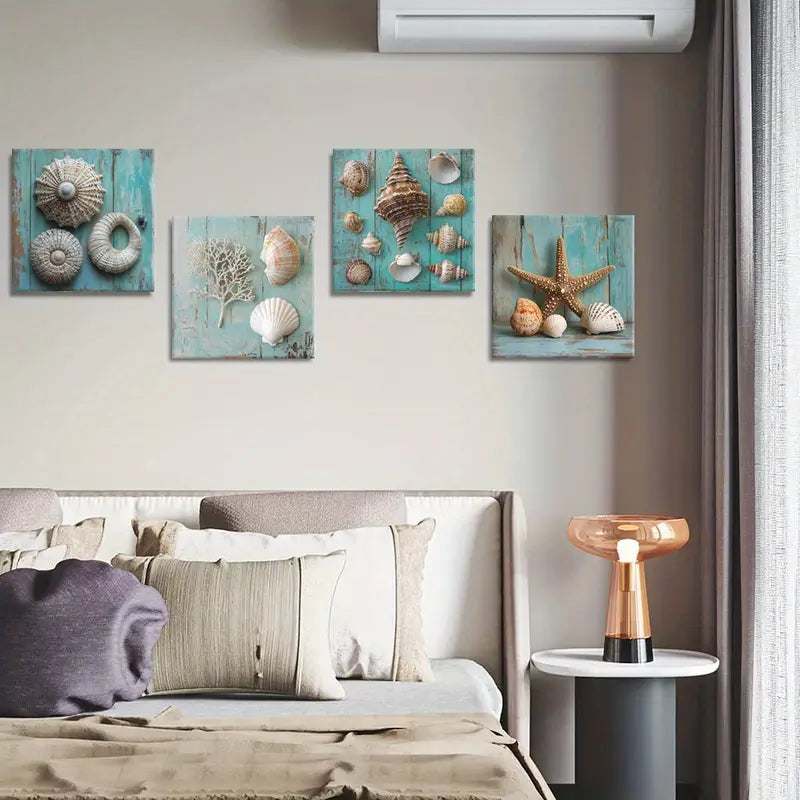 4pcs Nautical Design Paintings, Rustic Turquois  Wall Art Canvas Framed