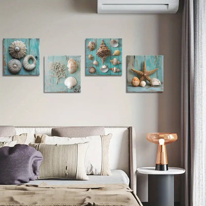 4pcs Nautical Design Paintings, Rustic Turquois  Wall Art Canvas Framed