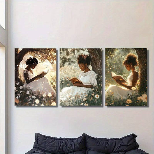 3pcs Girl Reading Under Tree with Books Metal Print Ready to Hang Art
