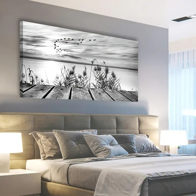 Black & White Sunset Lake Flying Birds Wall Art canvas office home room framed 120x60cm - Bella Home Decor