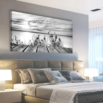 Black & White Sunset Lake Flying Birds Wall Art canvas office home room framed 120x60cm - Bella Home Decor