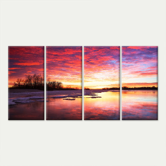4pcs Beautiful Snow Ice Lake Sunset Sky Scenery Wall Art Canvas Framed 45x80cm - High Quality Print 100% Australian Made Wall Canvas Ready to Hang