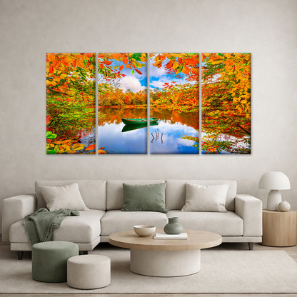 4pcs Beautiful Autumn Tree Reflection Pond Boat Wall Art Canvas Framed 45x80cm - High Quality Print 100% Australian Made Wall Canvas Ready to Hang