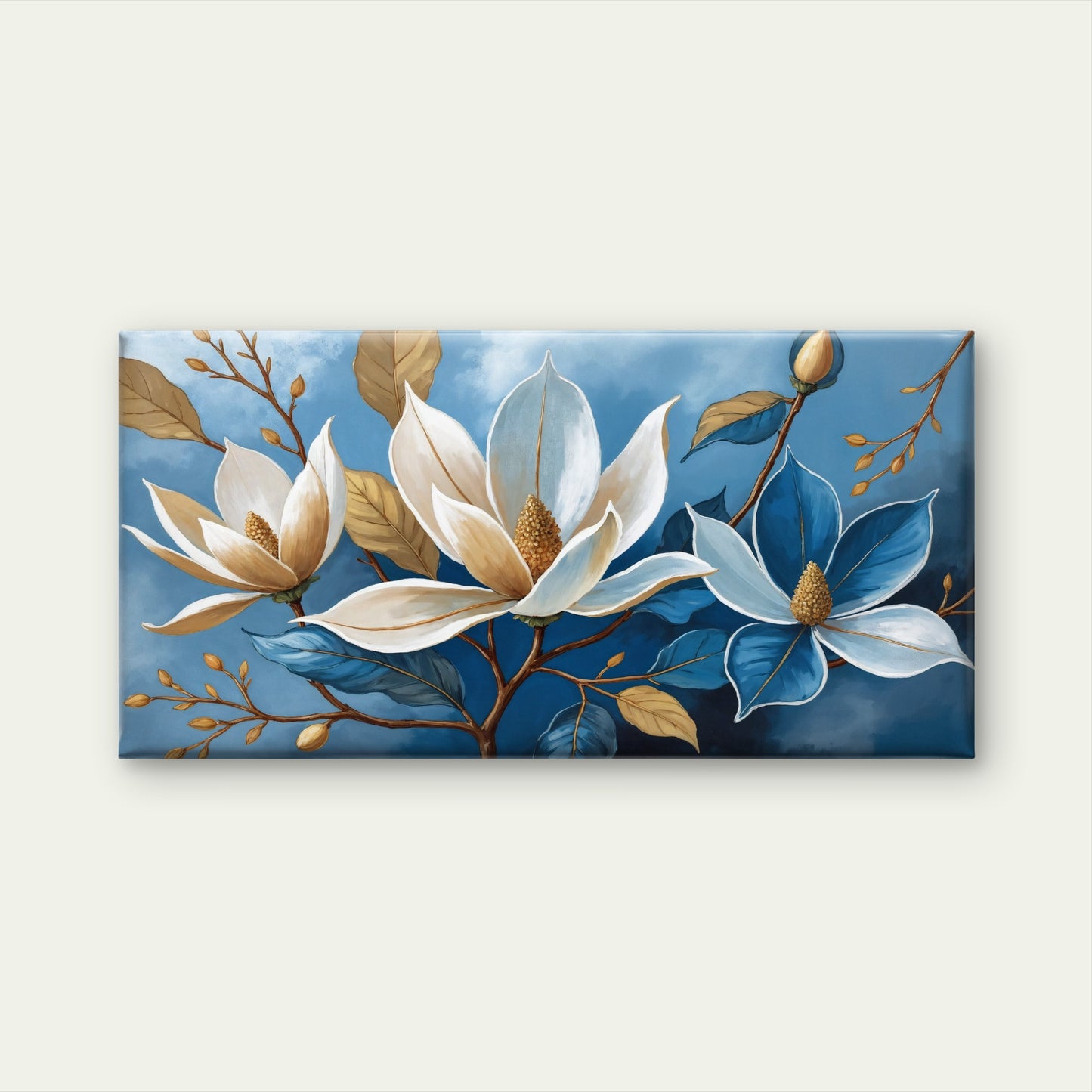 Blue Magnolia Floral Painting Wall Art Canvas Office Home Framed 120x60cm
