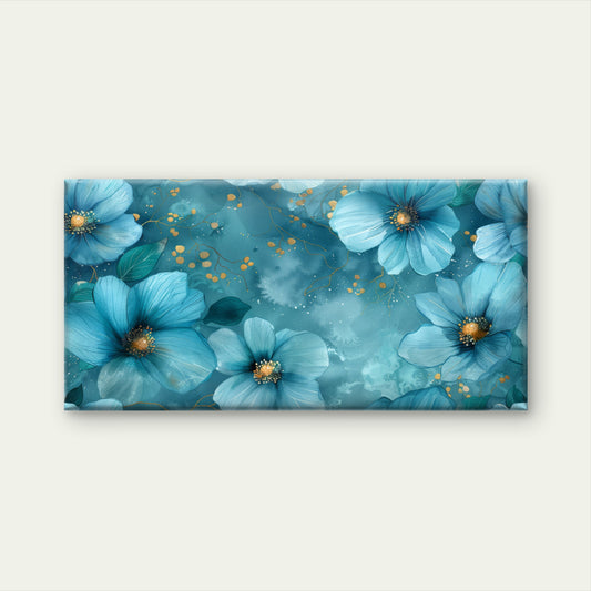 Blue Poppies Gold Dust Painting Wall Art Canvas Office Home Framed 120x60cm