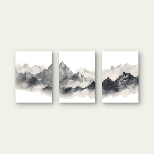 3pcs Minimalist Watercolor Misty Mountain Ink   Wall Art Set Canvas Framed 40x60cm - High Quality Print 100% Australian Made Wall Canvas Ready to Hang