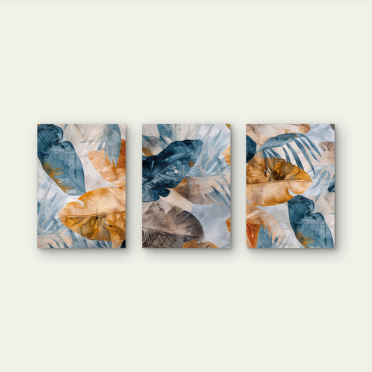 3pcs Abstract Blue Navy and Gold Tropical Leaves  Wall Art Set Canvas Framed 40x60cm - High Quality Print 100% Australian Made Wall Canvas Ready to Hang