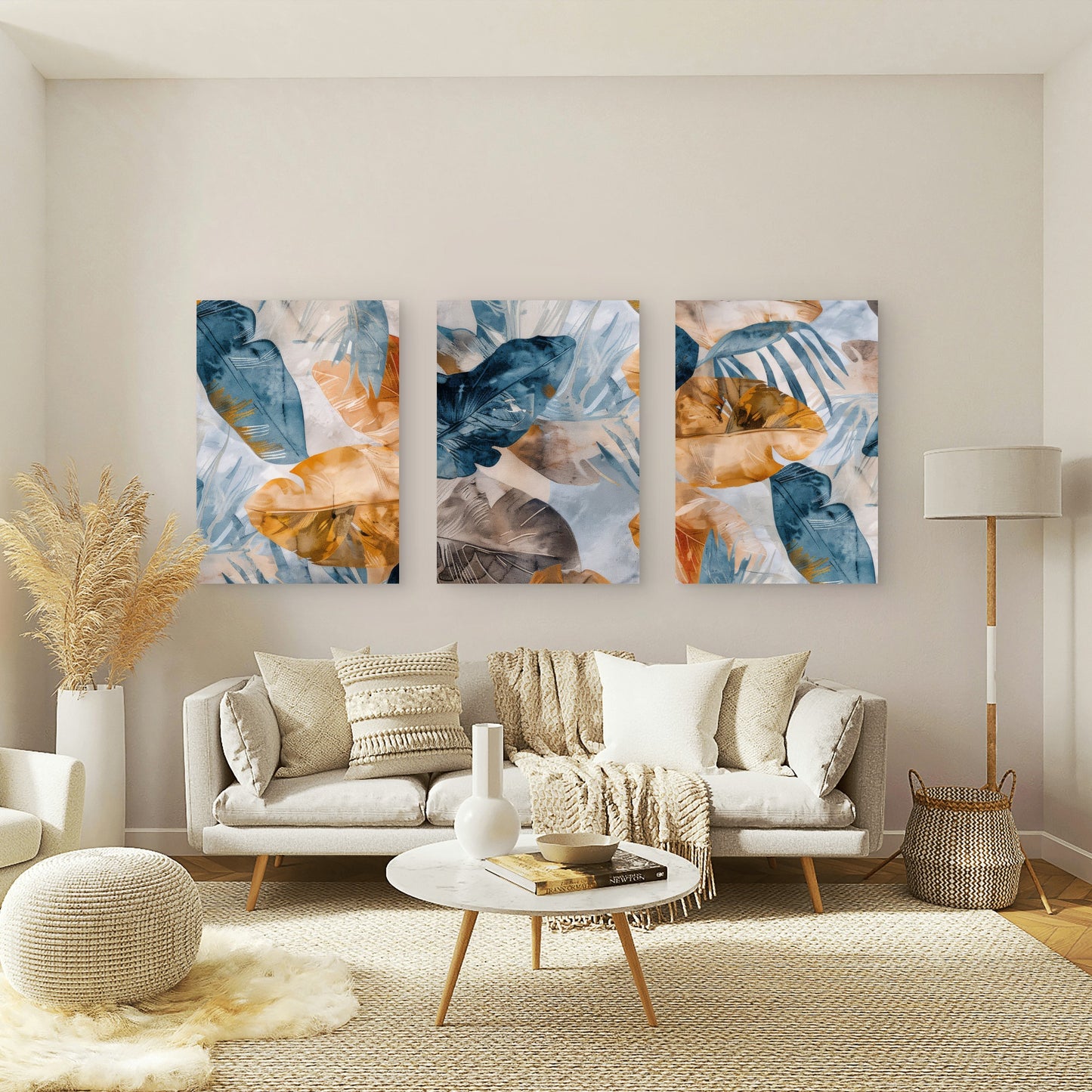 3pcs Abstract Blue Navy and Gold Tropical Leaves  Wall Art Set Canvas Framed 40x60cm - High Quality Print 100% Australian Made Wall Canvas Ready to Hang