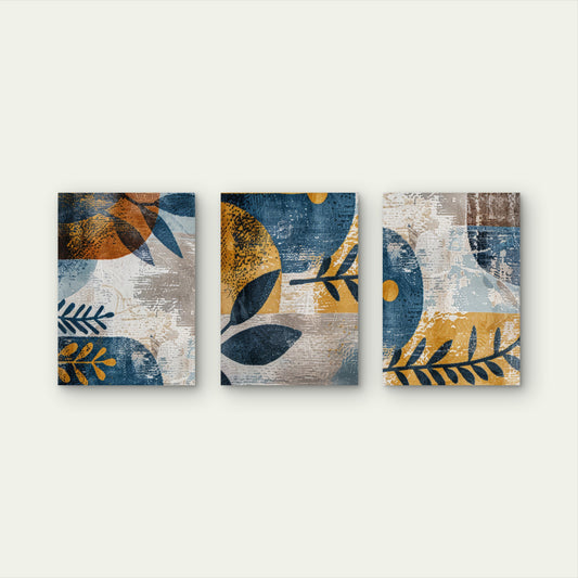 3pcs Abstract Mid Century Blue and Gold Boho   Wall Art Set Canvas Framed 40x60cm - High Quality Print 100% Australian Made Wall Canvas Ready to Hang