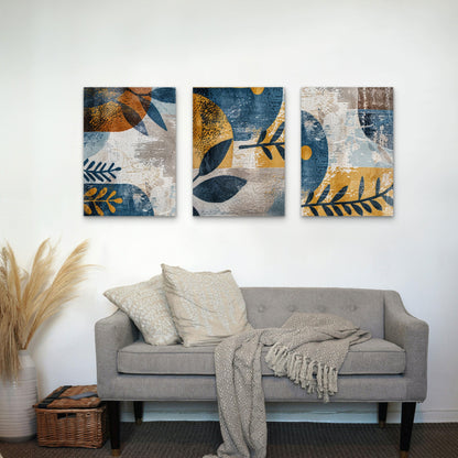 3pcs Abstract Mid Century Blue and Gold Boho   Wall Art Set Canvas Framed 40x60cm - High Quality Print 100% Australian Made Wall Canvas Ready to Hang