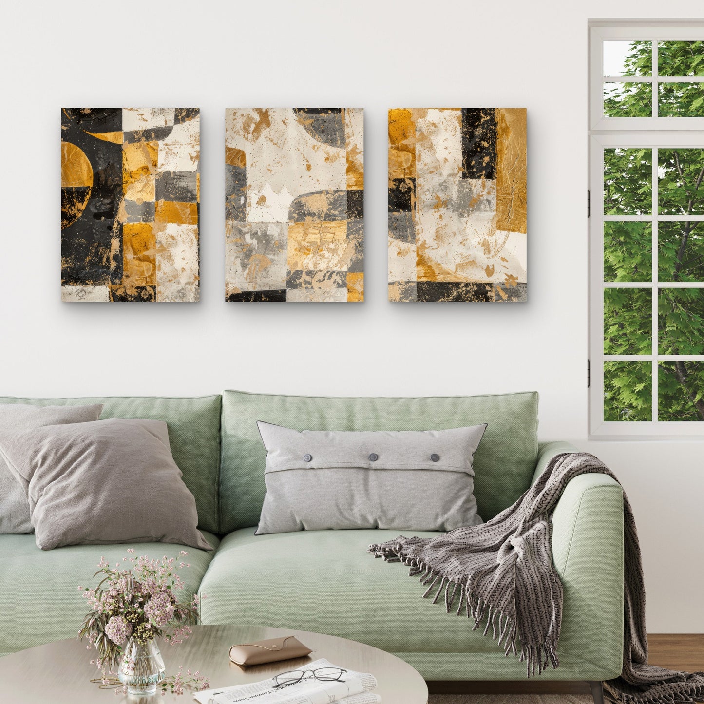 3pcs Abstract Black Gold and White Geometric  Wall Art Set Canvas Framed 40x60cm - High Quality Print 100% Australian Made Wall Canvas Ready to Hang