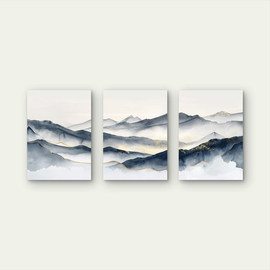 3pcs Abstract Navy Blue and Gold Foil Mountain  Wall Art Set Canvas Framed 40x60cm - High Quality Print 100% Australian Made Wall Canvas Ready to Hang