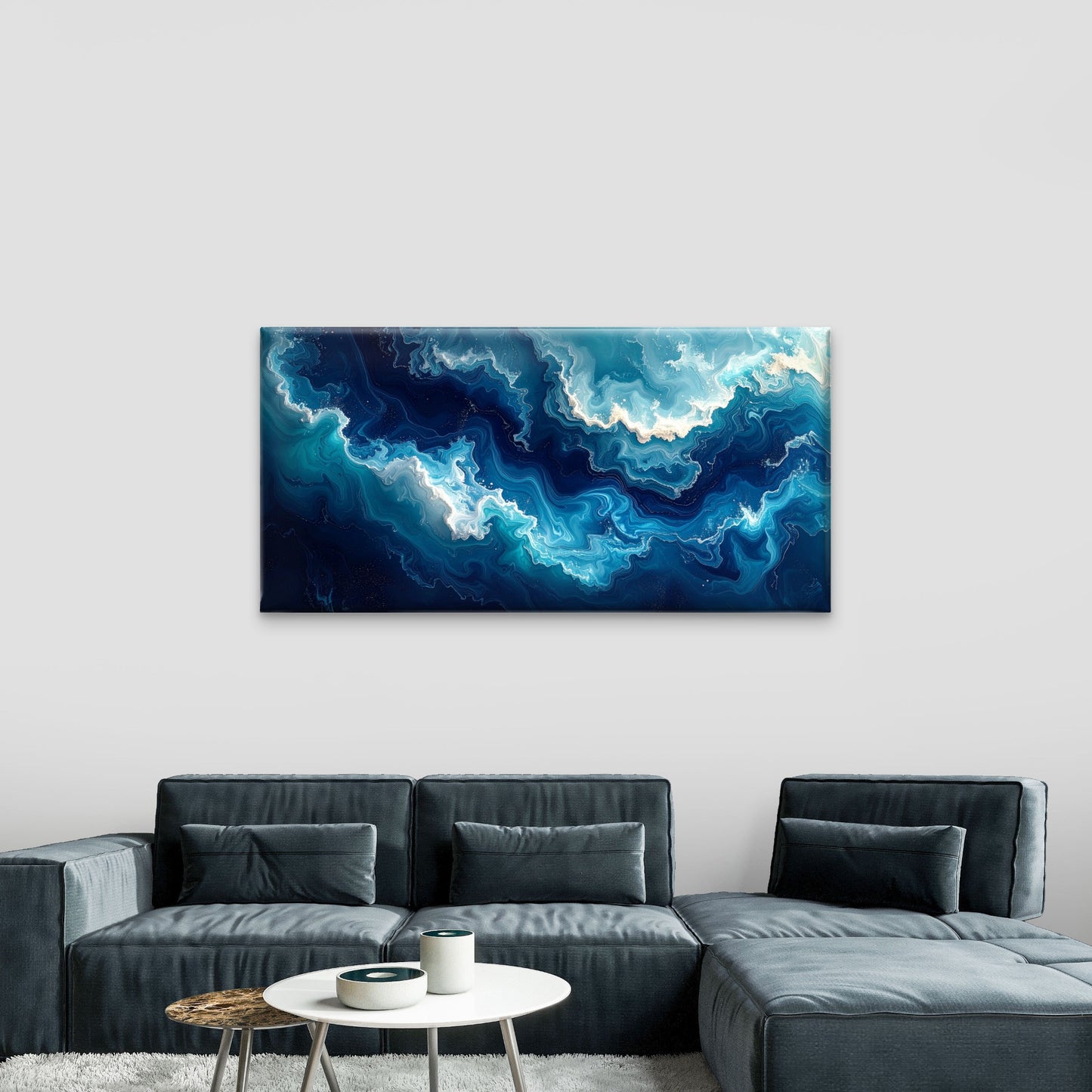 Abstract Blue Ocean Fluid Wave Wall Art Canvas Office Home Framed 120x60cm