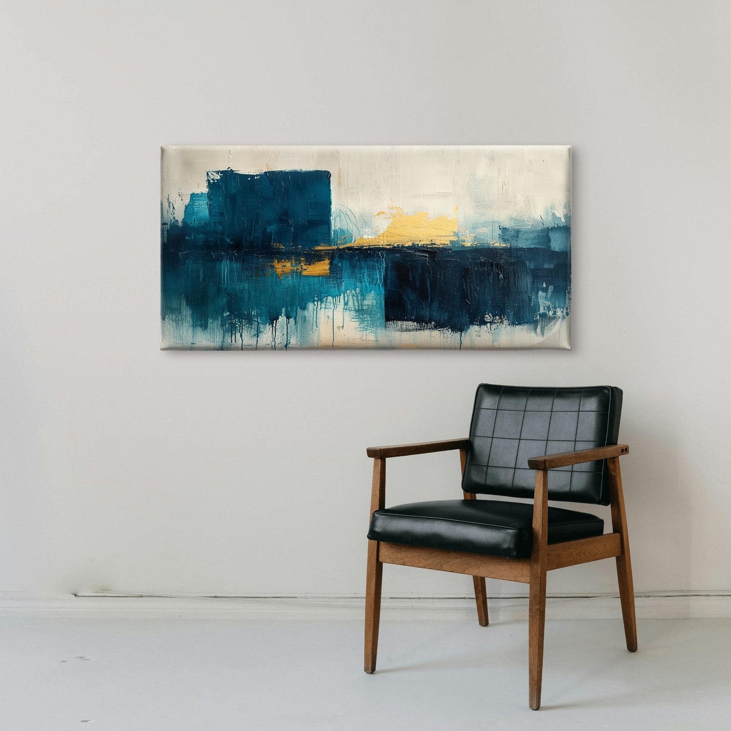 Abstract Teal Blue and Gold Foil Wall Art Canvas Office Home Framed 120x60cm