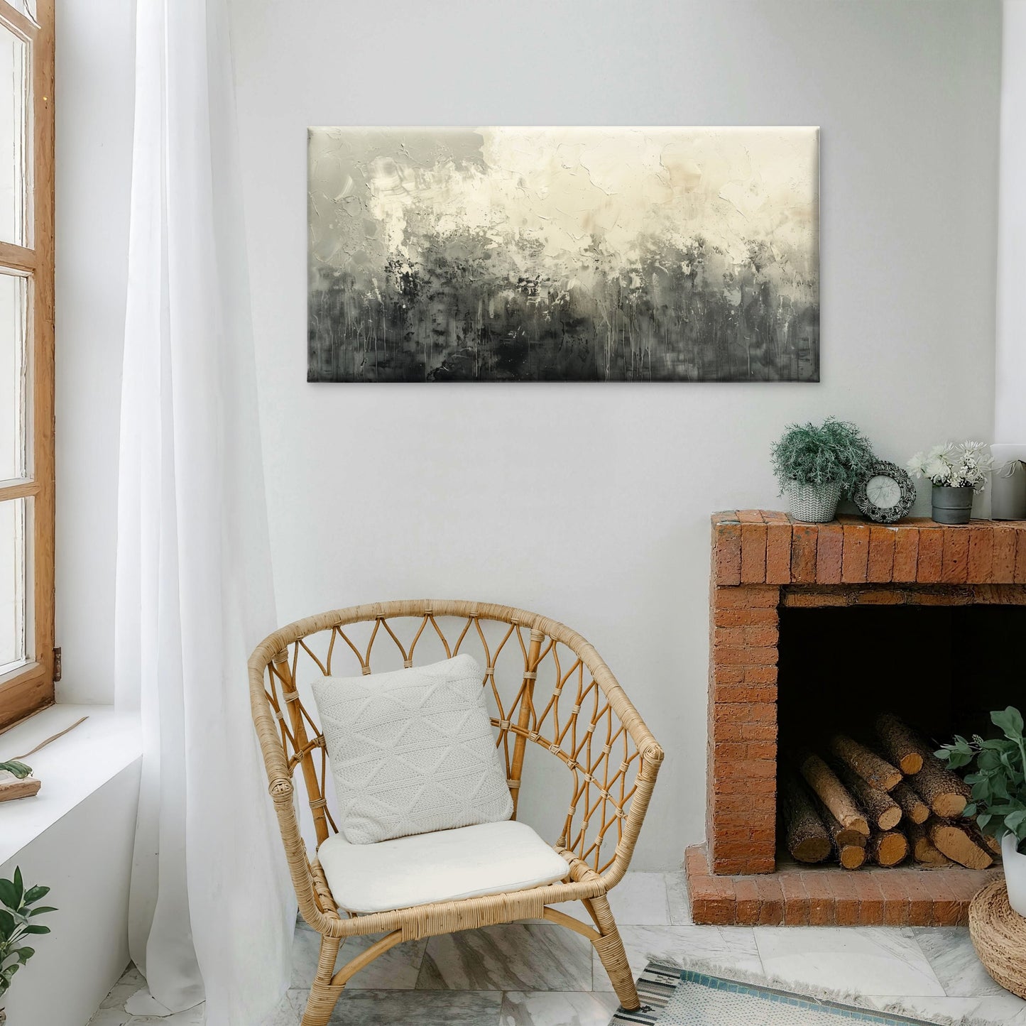 Abstract Black Grey and Beige Paint Wall Art Canvas Office Home Framed 120x60cm