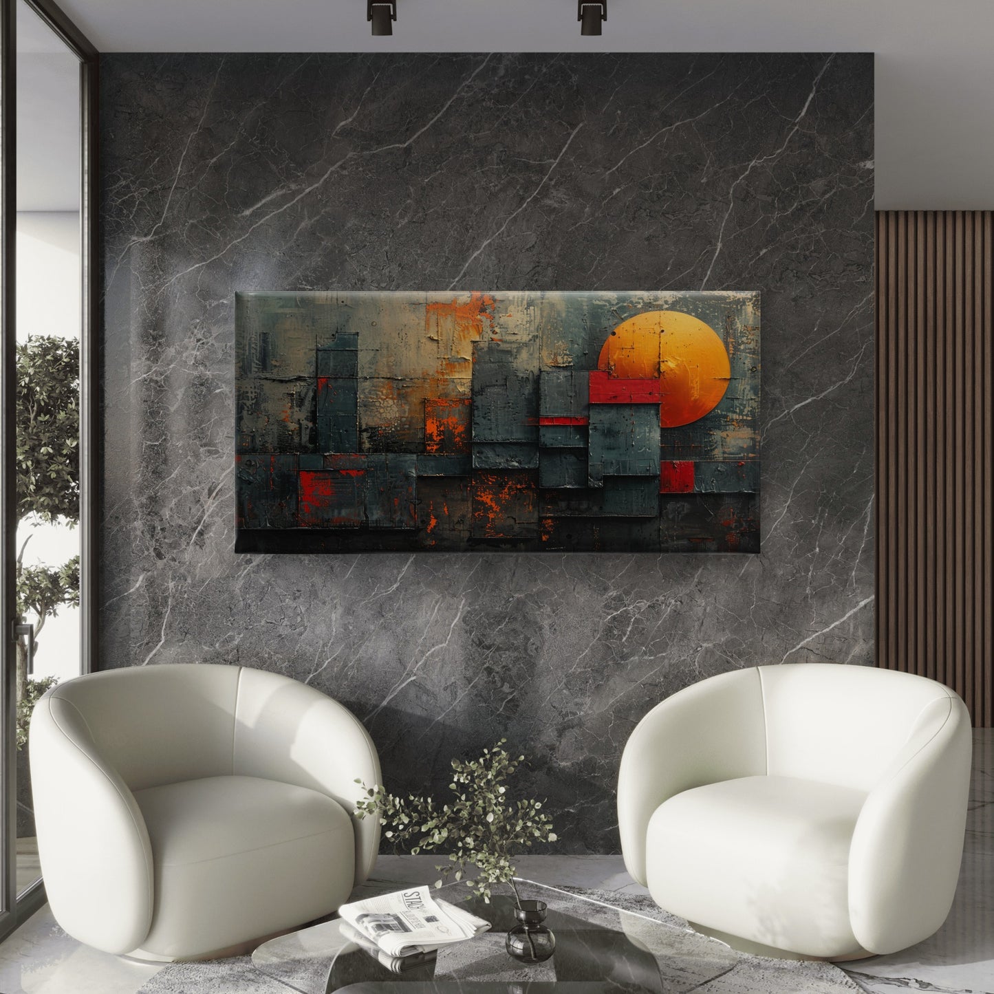 Abstract Industrial Skyline Red Sun Wall Art Canvas Office Home Framed 120x60cm