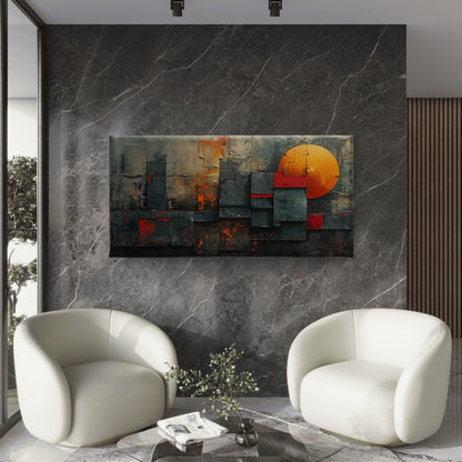 Abstract Industrial Skyline Red Sun Wall Art Canvas Office Home Framed 120x60cm