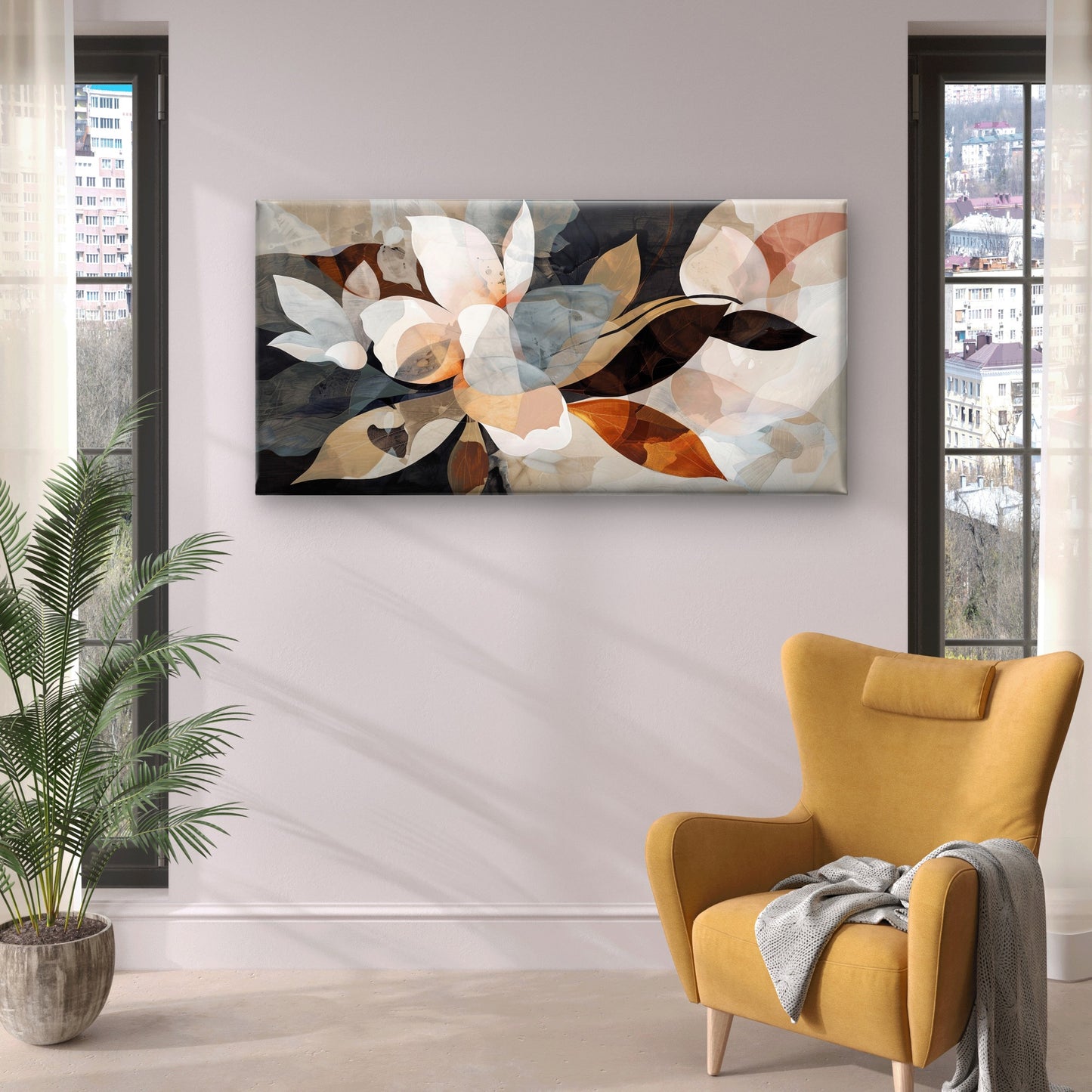 Abstract Neutral Earth Tone Floral Wall Art Canvas Office Home Framed 120x60cm