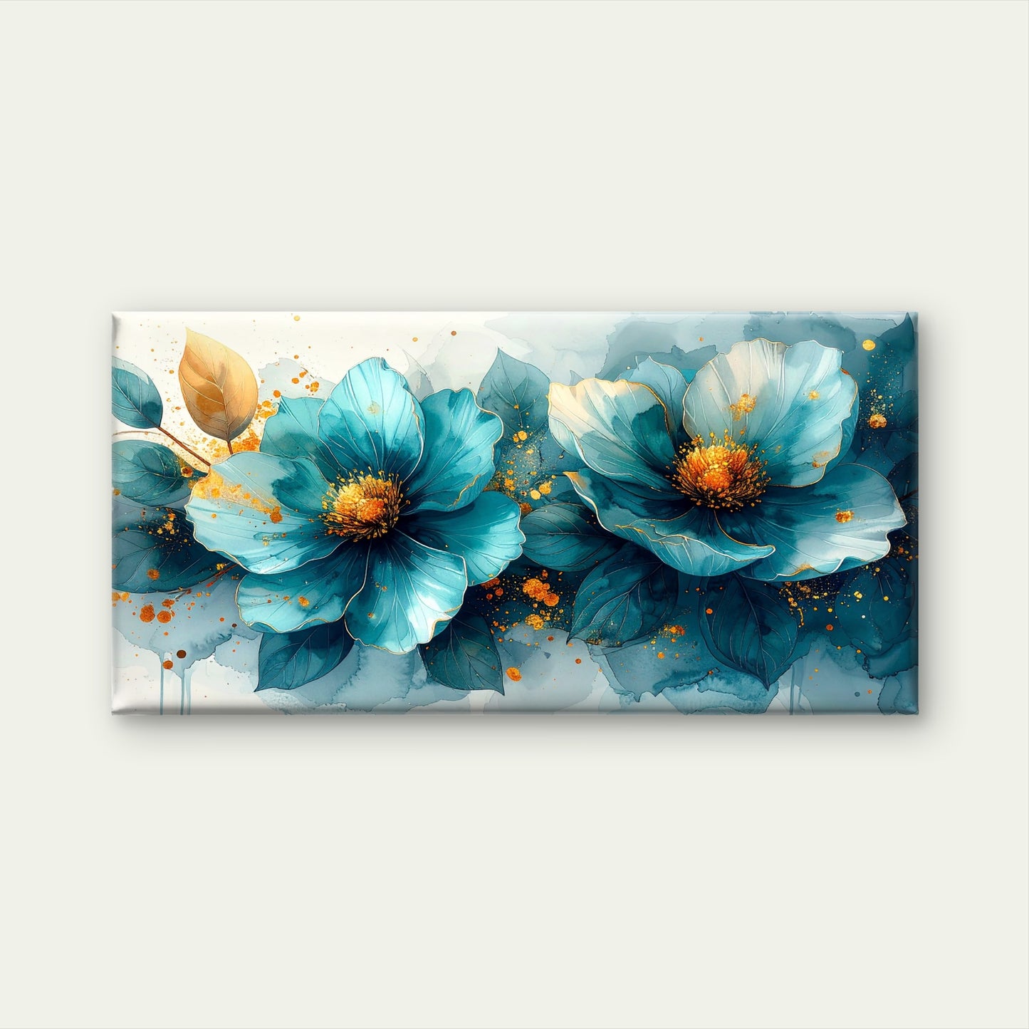 Abstract Teal Blue and Gold Floral Wall Art Canvas Office Home Framed 120x60cm