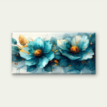 Abstract Teal Blue and Gold Floral Wall Art Canvas Office Home Framed 120x60cm