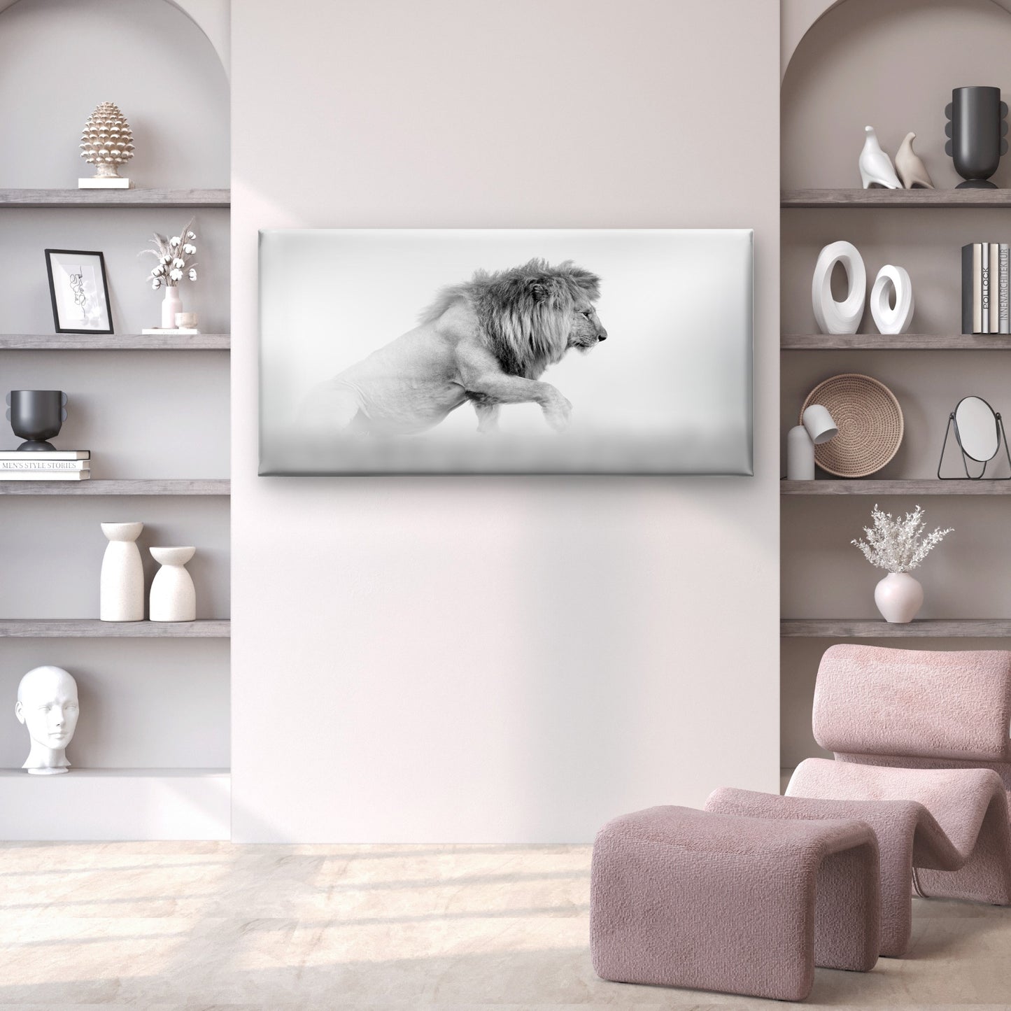 Monochrome Lion Emerging from Fog Wall Art Canvas Office Home Framed 120x60cm