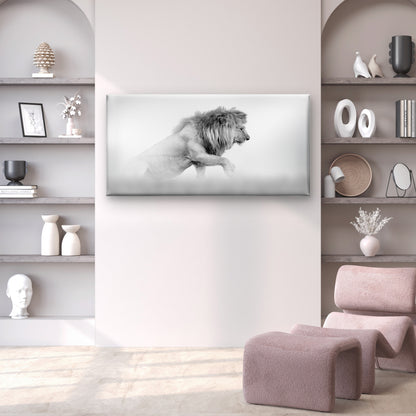 Monochrome Lion Emerging from Fog Wall Art Canvas Office Home Framed 120x60cm