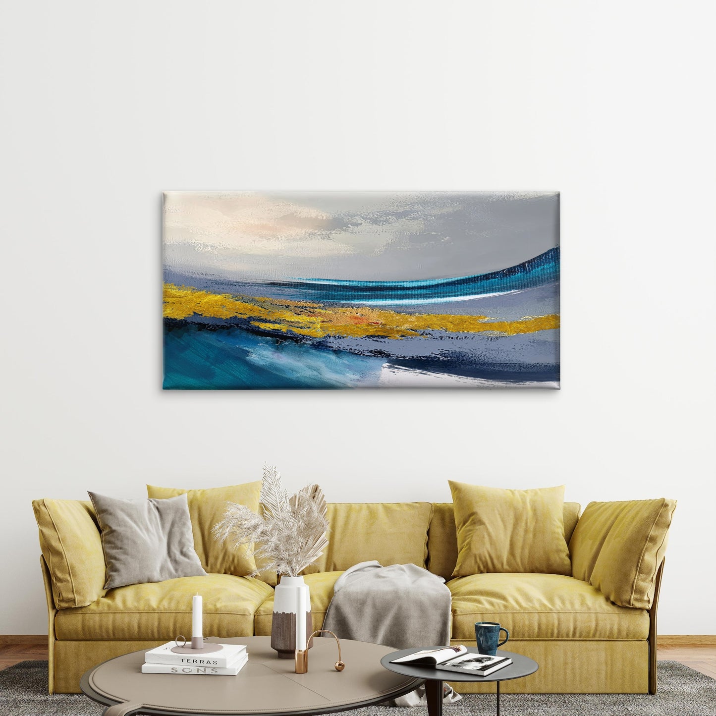 Blue Gold Abstract Ocean Foil Wall Art Canvas Office Home Framed 120x60cm