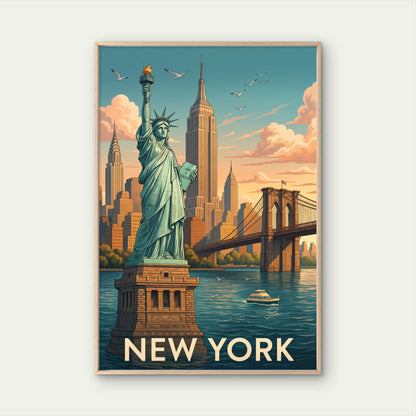 Retro NYC Statue of Liberty Skyline  Travel Poster Print Wall Art