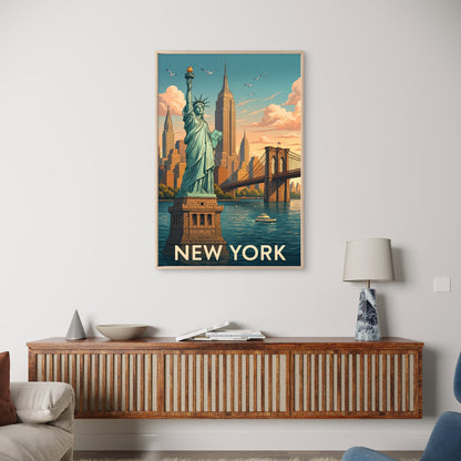 Retro NYC Statue of Liberty Skyline  Travel Poster Print Wall Art