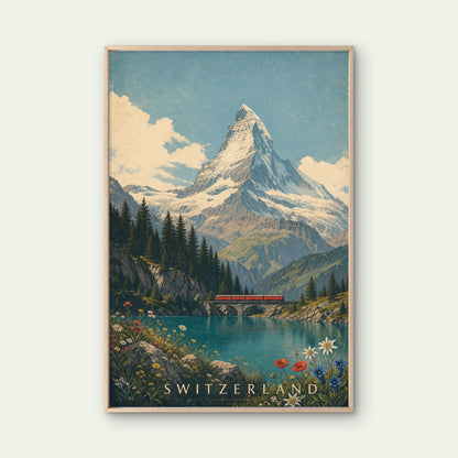 Swiss Alps Matterhorn Train Vintage  Travel Poster Print Wall Art