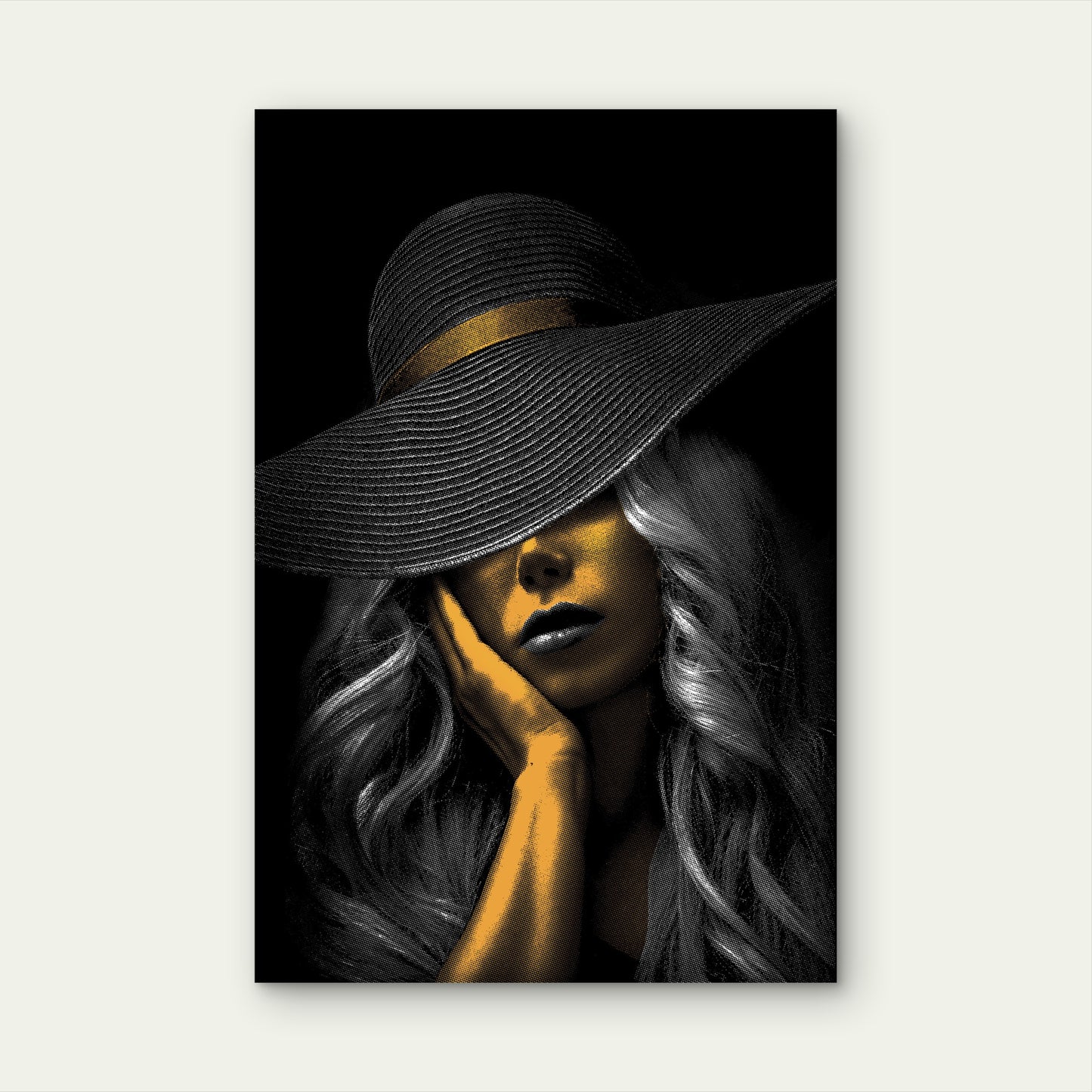 Abstract Fashion Woman in Wide Brim Hat Black and Gold 40x60cm Metal Print Ready to Hang