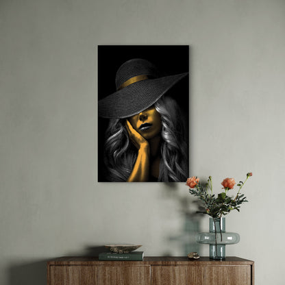 Abstract Fashion Woman in Wide Brim Hat Black and Gold 40x60cm Metal Print Ready to Hang