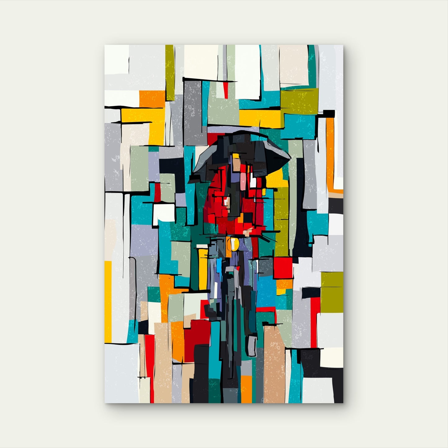Abstract Geometric Cubism Man with Umbrella 40x60cm Metal Print Ready to Hang