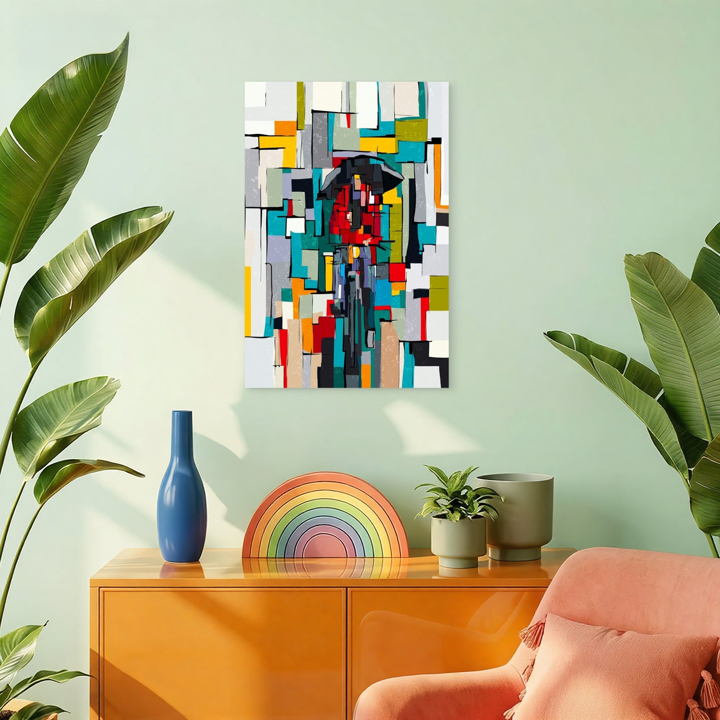 Abstract Geometric Cubism Man with Umbrella 40x60cm Metal Print Ready to Hang