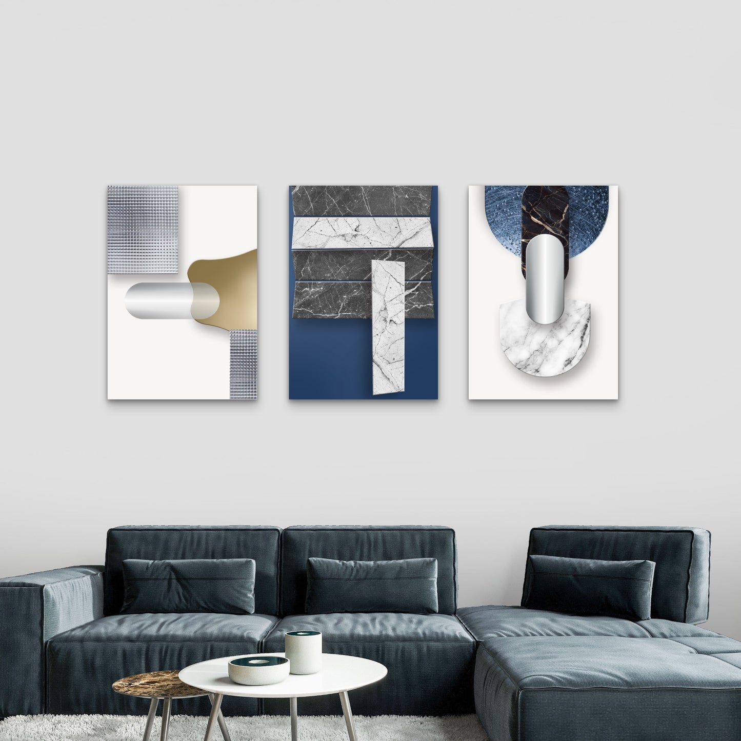 3pcs Minimalist Modern Abstract Blue Stone  Wall Art Set Canvas Framed 40x60cm - High Quality Print 100% Australian Made Wall Canvas Ready to Hang