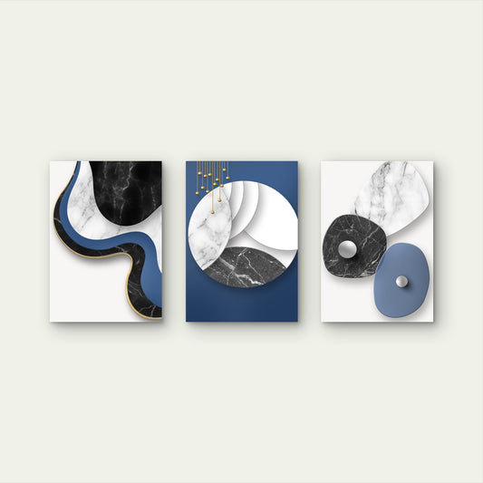 3pcs Minimalist Modern Navy Blue Marble   Wall Art Set Canvas Framed 40x60cm - High Quality Print 100% Australian Made Wall Canvas Ready to Hang