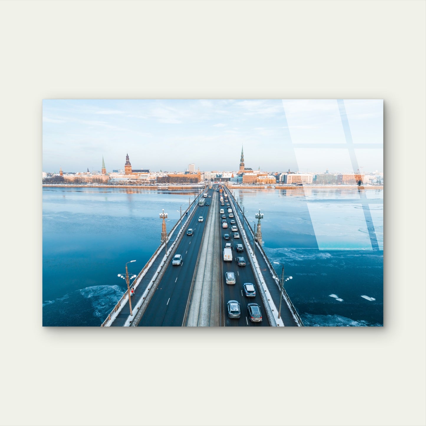 Riga City Highway Bridge Winter Traffic Acrylic Glass Printing Wall Art Australian Made Quality