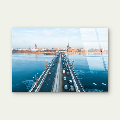 Riga City Highway Bridge Winter Traffic Acrylic Glass Printing Wall Art Australian Made Quality