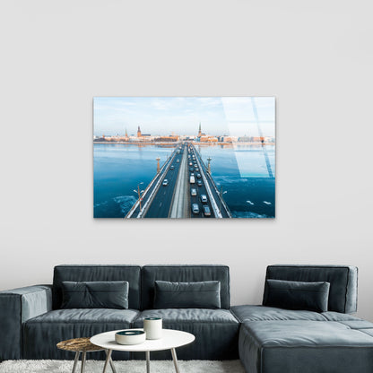 Riga City Highway Bridge Winter Traffic Acrylic Glass Printing Wall Art Australian Made Quality